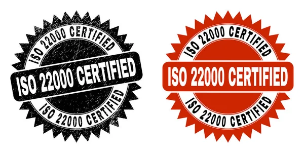 ISO 22000 CERTIFIED Černá růžová pečeť s korodovanou texturou — Stockový vektor