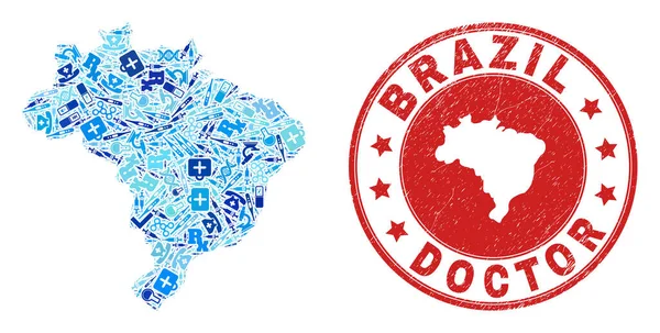 Health Care Dose Mosaic Brazil Map and Rubber Health Care Stamp — Stock Vector