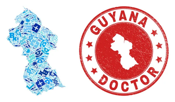Mapa de Guyana de Mosaico de Vacunas para el Cuidado de la Salud y Sello de Cuidado de la Salud Rascado — Vector de stock