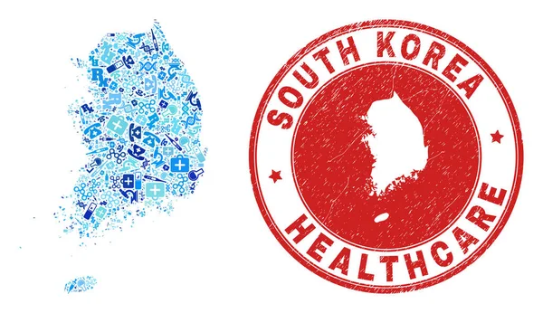 Health Care Vaccination Mosaic South Korea Map and Rubber Doctor Rubber Stamp — Stock Vector