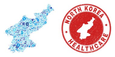Sağlık Aşısı Mozaik Kuzey Kore Haritası ve Kauçuk Sağlık Mührü