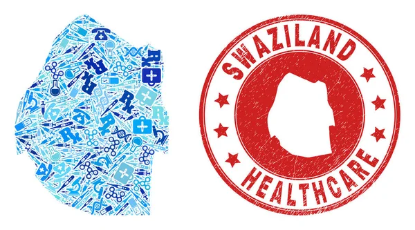 Medicina Inoculación Mosaico Swazilandia Mapa y Grunge Doctor Seal — Vector de stock