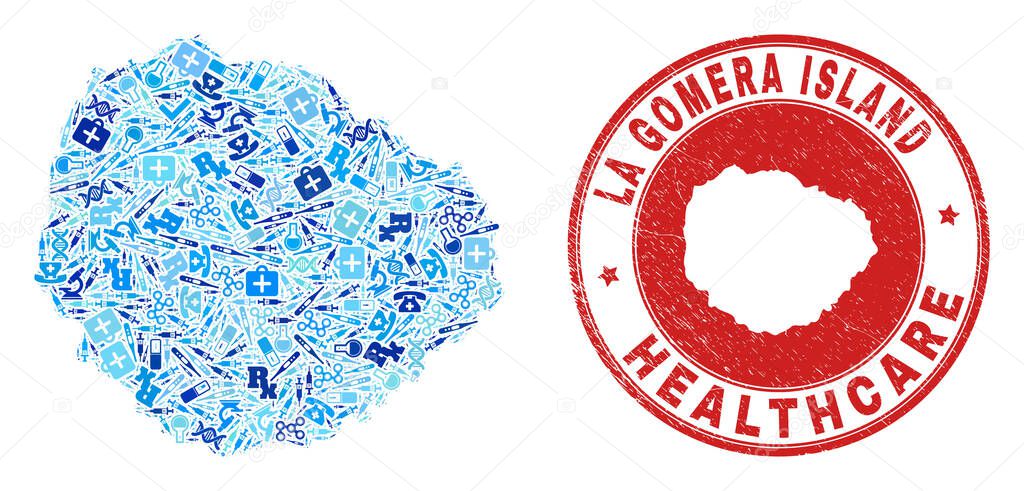 Health Care Vaccination Mosaic La Gomera Island Map and Rubber Health Care Seal