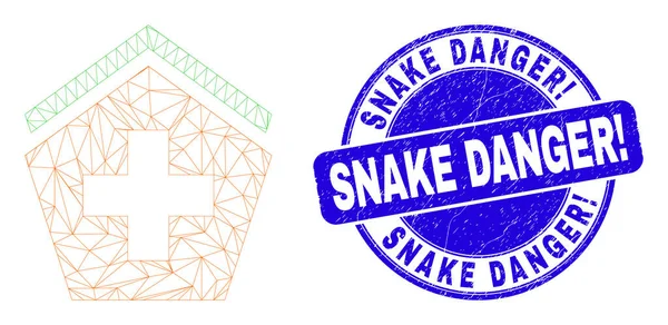 Selo de selo de exclamação de perigo de serpente Grunge azul e hospital de malha da Web —  Vetores de Stock