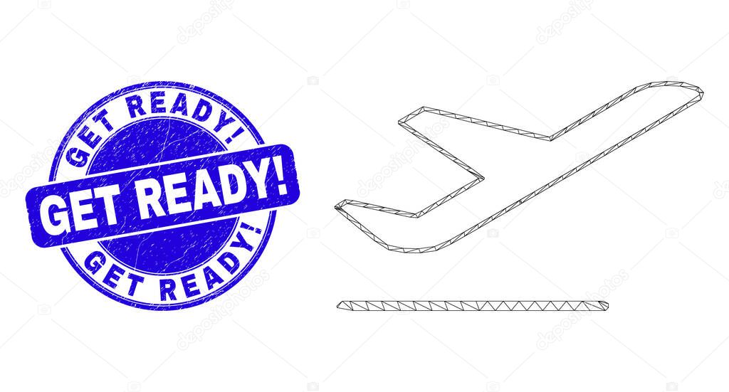 Blue Scratched Get Ready exclamation Stamp Seal and Web Mesh Airplane Departure