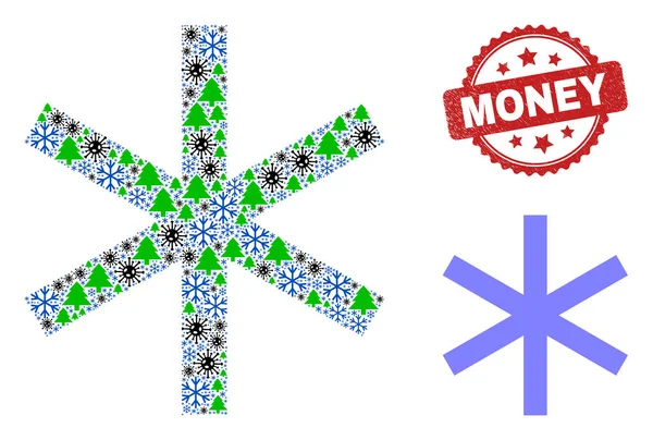 Geldnotleidende Siegelmarken und primitive Schneeflockencollage-Ikone des Winters und virale Gegenstände — Stockvektor