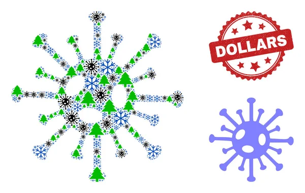 Dollars Scratched Seal Stempel und Coronavirus Mosaic Icon mit Frost und Viren — Stockvektor