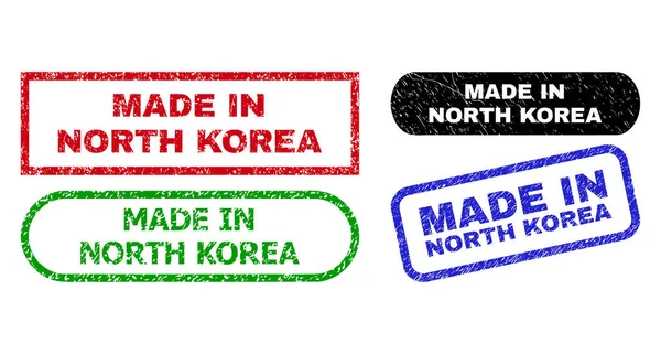 MADE IN NORTH KOREA retângulo selos usando o estilo de angústia —  Vetores de Stock