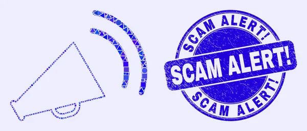 Blue Scratched Scam Alert tanda seru Seal dan Megaphone Sound Mosaic - Stok Vektor