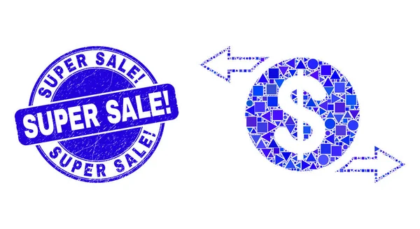 Blue Grunge Super Sale Exclamation Seal and Dollar Exchange Arrows Mosaic — Stock Vector