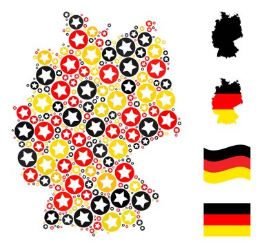 German Map Mosaic of Rounded Star Items in German Flag Colors