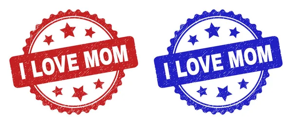 I LOVE MOM Rosette Watermarks Using Grunged Style — Stock Vector