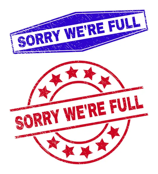 SORRY WERE FULL Grunged Stamps in Circle and Hexagonal Shapes — Stock Vector