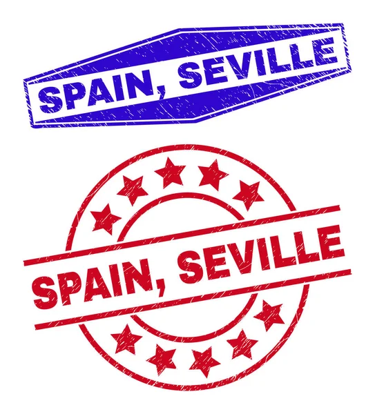 "SPAIN" 、 "SEVILLE Grunge"圆形和六角形邮票封印 — 图库矢量图片