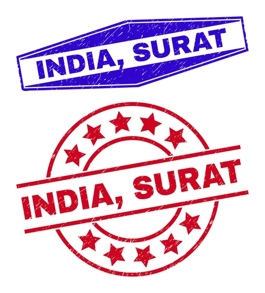 INDIA, SURAT Corroded Badges in cirkel- en zeshoekige vormen — Stockvector