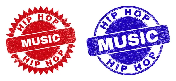 HIP HOP MUSIC Rounded and Rosette Stamps with Scratched Texture — стоковий вектор