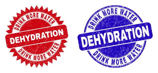 DRINK MORE WATER DEHYDRATION Rounded and Rosette Stamps with Grunge Style - Stok Vektor