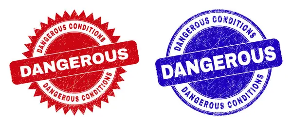 DANGEROUS CONDITIONS Round and Rosette Stamp Seals with Unclean Texture — Stock Vector