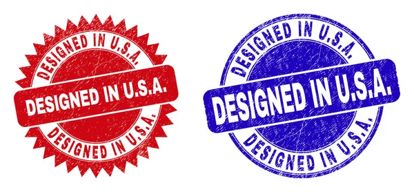 DESIGNED IN U.S.A. Round and Rosette Stamp Seals with Corroded Style — Stock Vector