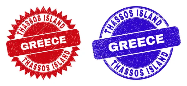 THASSOS ISLAND GRIEKENLAND Ronde en rozet zegels met grunge textuur — Stockvector