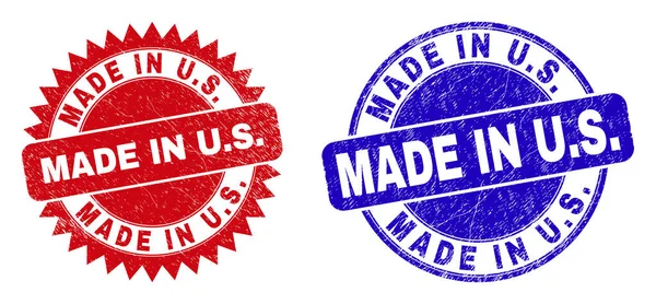 Fabriqué aux États-Unis Timbres ronds et rosettes avec texture grunge — Image vectorielle