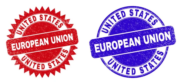 ÉTATS-UNIS UNION EUROPÉENNE Sceaux arrondis et Rosette avec texture rugueuse — Image vectorielle