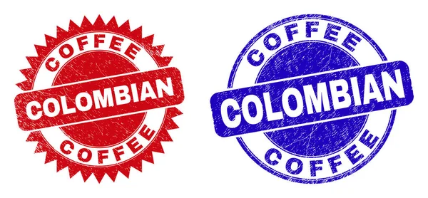 COFFEE COLOMBIAN Round and Rosette Stamp Seals with Corroded Surface — Stock Vector