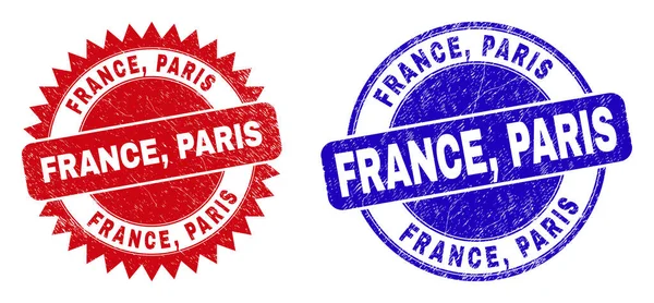 Selos de selos de FRANÇA, PARIS Round e Rosette com textura imunda —  Vetores de Stock