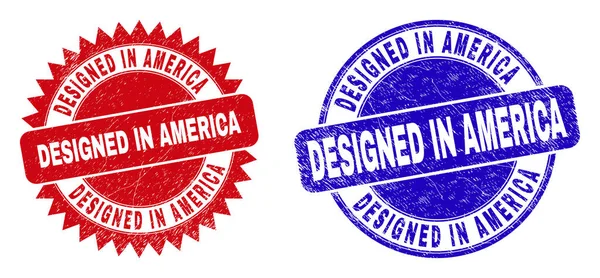 DESIGNED IN AMERICA Round and Rosette Stamp Seals with Grunge Surface — Stock Vector