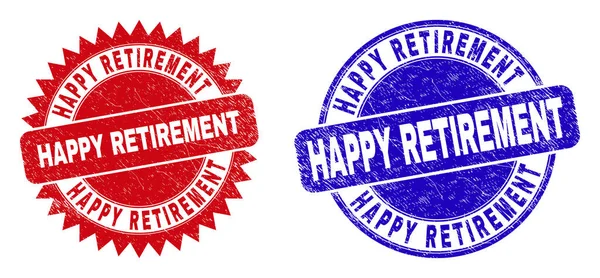 HAPPY RETIREMENT Round and Rosette Watermarks with Scratched Surface — Stock Vector