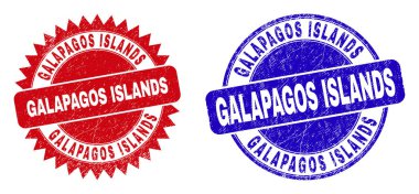Yuvarlak ve rosette GALAPAGOS ADLANDS mühürler. Düz vektör sıkıntı damgaları GALAPAGOS ISLANDS başlık içinde yuvarlak ve keskin rosette formu, kırmızı ve mavi renkler.