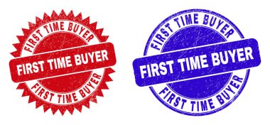 Yuvarlak ve Rosette ilk kez fok balığı alıyor. Düz vektör grunge, kırmızı ve mavi renklerde, yuvarlak ve keskin gül şeklinde ilk Time BUYER sloganı ile mühürlenir. Çizik desenli filigran izleri,