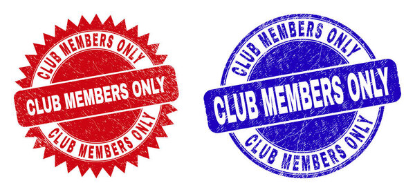 Round and rosette CLUB MEMBERS ONLY seal stamps. Flat vector grunge seal stamps with CLUB MEMBERS ONLY caption inside round and sharp rosette form, in red and blue colors.