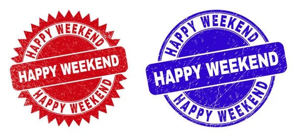 四舍五入的Happy Weekend印章 平面矢量纹理印章与Happy Weekend标签内圆形和尖锐的玫瑰花环形式 红色和蓝色 带有磨擦表面的水印 — 图库矢量图片