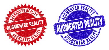 Yuvarlak ve Rosette Gerçeklik filigranı. Düz vektör sıkıntı filigranı içinde yuvarlak ve keskin gül şekli içinde AUGMENTED Gerçeklik etiketi kırmızı ve mavi renkler.