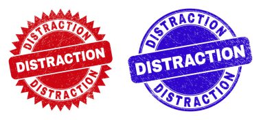 Yuvarlak ve rosette dikkat dağıtıcı mühürler. Düz vektör, yuvarlak ve keskin roset formunda kırmızı ve mavi renklerde DISTRACTION ifadeli mühür pullarını çizdi. Çizik desenli filigran izleri,