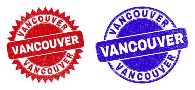 Yuvarlak ve rosette VANCOUVER mühürler. Düz vektör mühür mühür damgaları içinde VANCOUVER sloganı içinde yuvarlak ve keskin roset formu, kırmızı ve mavi renkler. Tehlike desenli filigranlar,