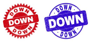 Yuvarlak ve Rosette DoWN mühür pulları. Düz vektör grunge mühür pulları, yuvarlak ve keskin rosette formunda, kırmızı ve mavi renklerde. Beyaz arka planda kirli yüzeye sahip filigranlar.
