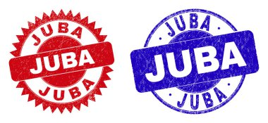 Yuvarlak ve rosette JUBA mühür pulları. Düz vektör grunge pulları. Yuvarlak ve keskin rosette şekilli, kırmızı ve mavi renkli JUBA metinleri var. Beyaz arkaplanda grunge yüzeyli lastik taklitleri.
