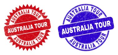 Yuvarlak ve rosette AUSTRALYA Tour filigranları. Düz vektör, yuvarlak ve keskin roset formunda kırmızı ve mavi renklerde AUSTRALIA Tour mesajı içeren pulları desenlendirdi. Kirli yüzeyi olan filigranlar,