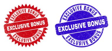 Yuvarlak ve rosette EXCLUSIVE BONUS mühürler. Düz vektör, kırmızı ve mavi renklerde, yuvarlak ve keskin gül şeklinde EXCLUSIVE BONUS başlıklı mühürler çizdi. Kirli desenli filigranlar,