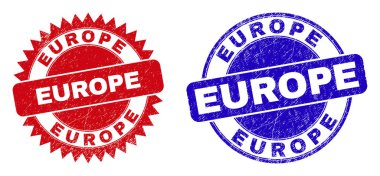 Yuvarlak ve tespihli Avrupa pulları. Düz vektör grunge damgaları, yuvarlak ve keskin roset formunda, kırmızı ve mavi renklerde EUROPE mesajı içeriyor. Tehlike yüzeyi olan filigranlar,