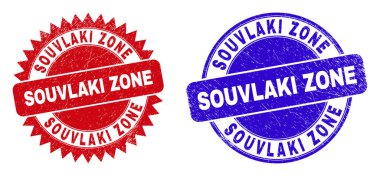 Yuvarlak ve rosette SOUVLAKI Zone pulları. Düz vektör desenli mühür pulları SOUVLAKI Zone metin içinde yuvarlak ve keskin rosette formu, kırmızı ve mavi renkler. İmdat yüzeyi olan izler,