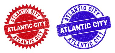 Yuvarlak ve rosette ATLANTIC CITY pulları. Düz vektör tehlike damgası. Kırmızı ve mavi renklerde, yuvarlak ve keskin roset şeklinde ATLANTIC CITY mesajı var. Aşınmış yüzeyi olan izler,