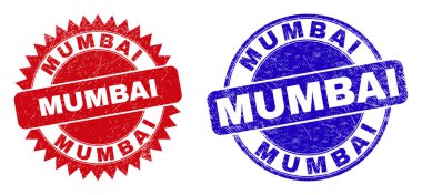 Yuvarlak ve rosette MUMBAI filigranları. MUMBAI etiketli düz vektör grunge mühür pulları yuvarlak ve keskin rosette şeklinde, kırmızı ve mavi renklerde. Beyaz arkaplanda grunge tarzı filigranlar.
