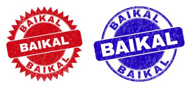 Yuvarlak ve rosette BAIKAL pulları. Düz vektör grunge mühür damgaları içinde BAIKAL sloganı ile yuvarlak ve keskin rosette şekli, kırmızı ve mavi renkler. Beyaz arkaplanda grunge yüzeyi olan filigranlar.