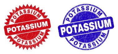 Yuvarlak ve rosette POTASSIUM filigranları. Düz vektör, kırmızı ve mavi renklerde, yuvarlak ve keskin roset şeklinde POTASSIUM başlıklı filigran desenli. Aşınmış desenli filigran izleri,