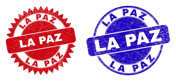 ラウンドとロゼットLa Paz透かし ラウンドとシャープロゼットフォーム内のLa Pazテキストとフラットベクトルグランジ透かし 赤と青の色で 白地に汚れのない水差し — ストックベクタ