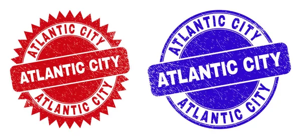 Yuvarlak ve rosette ATLANTIC CITY pulları. Düz vektör tehlike damgası. Kırmızı ve mavi renklerde, yuvarlak ve keskin roset şeklinde ATLANTIC CITY mesajı var. Aşınmış yüzeyi olan izler,