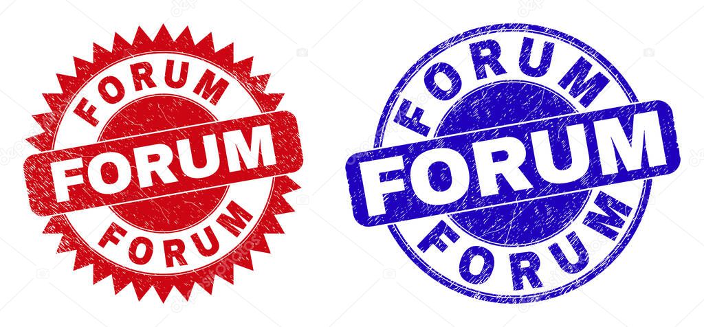 Round and rosette FORUM seals. Flat vector grunge seals with FORUM text inside round and sharp rosette shape, in red and blue colors. Rubber imitations with corroded surface, on a white background.